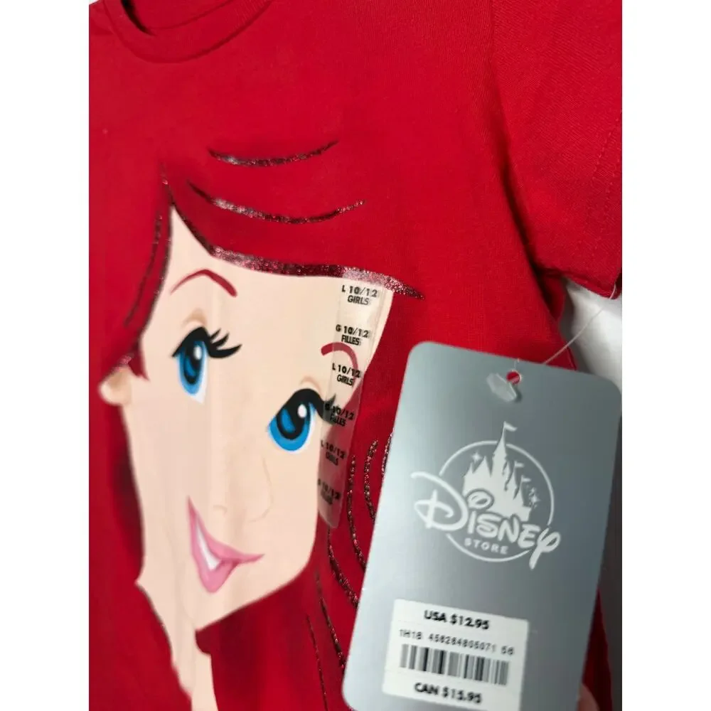 NEW The Disney Store Ariel Face T Shirt Red Kids Size 10/12 Large Girls